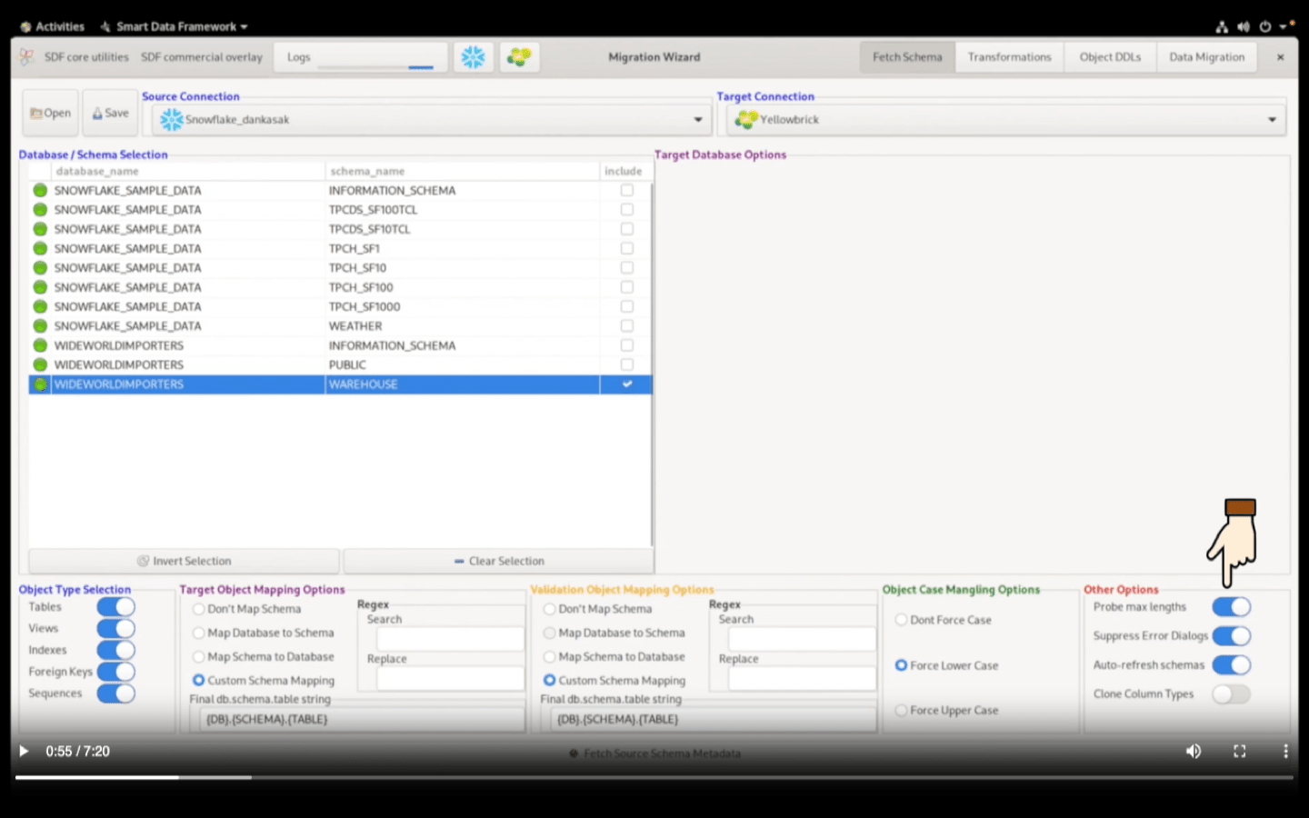 Migration Wizard showing Snowflake to Yellowbrick migration with schema selection