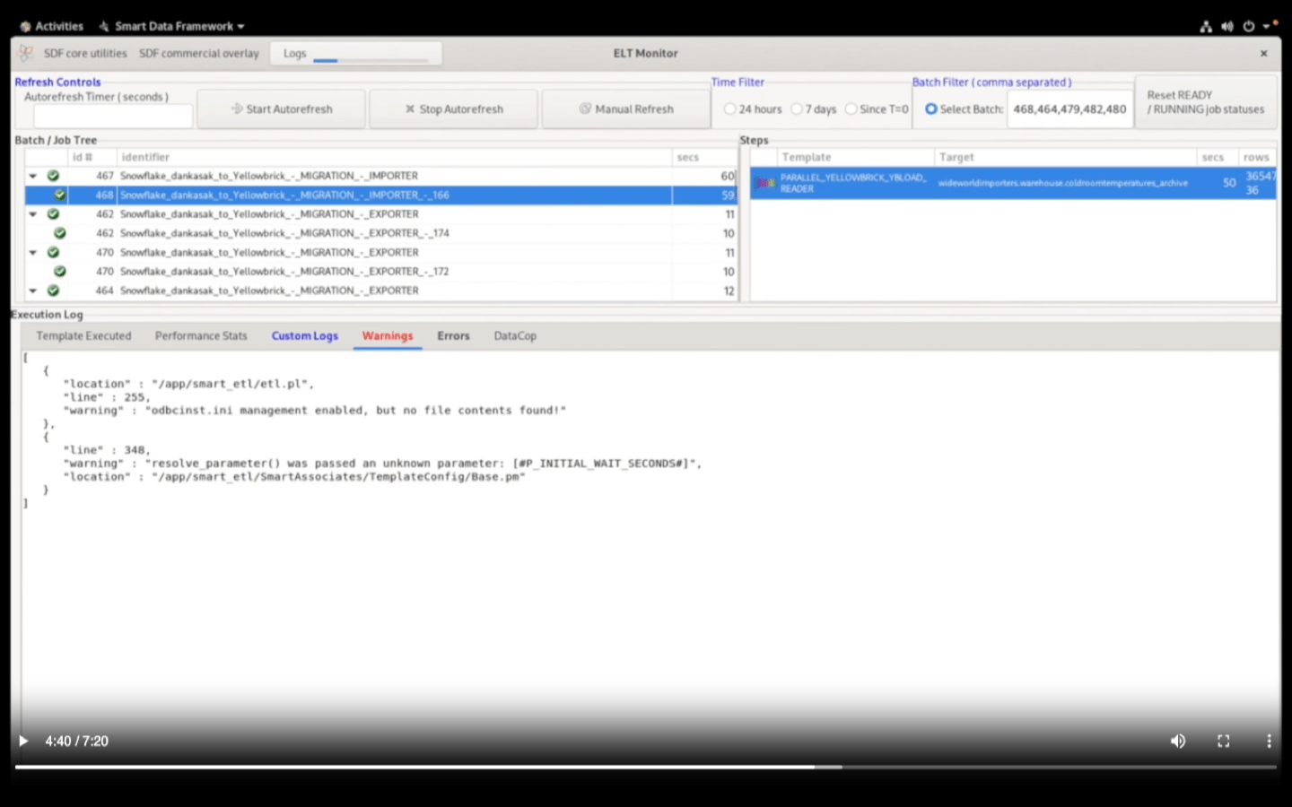 ELT Monitor showing batch job tree, execution steps, and log output