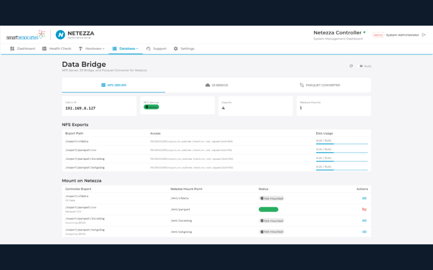Data Bridge showing NFS server exports, S3 bridge, and Parquet converter with mount management