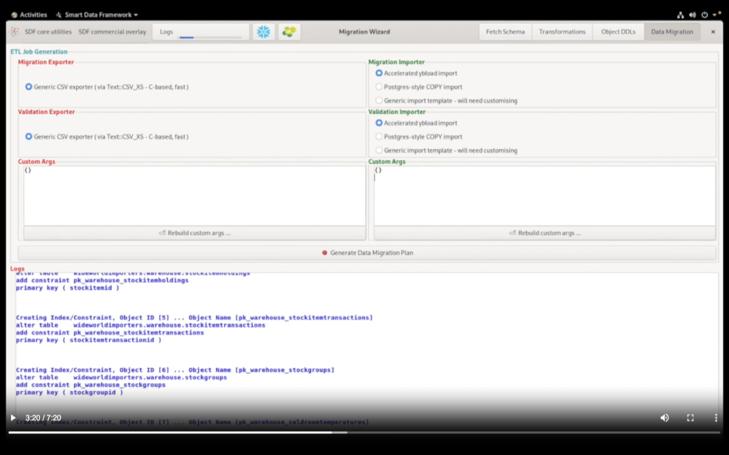 Data Migration showing ETL job generation with export and import configuration