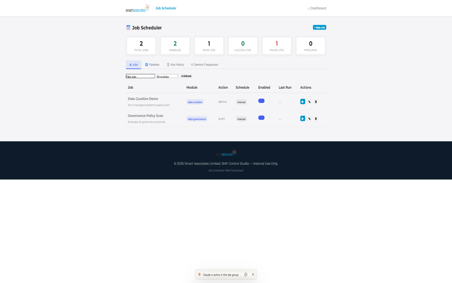 Job Scheduler showing pipeline configuration with links to all SMF modules