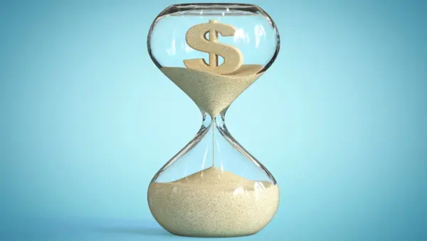 Hourglass with sand and a dollar sign running out, representing DBA time lost to manual work