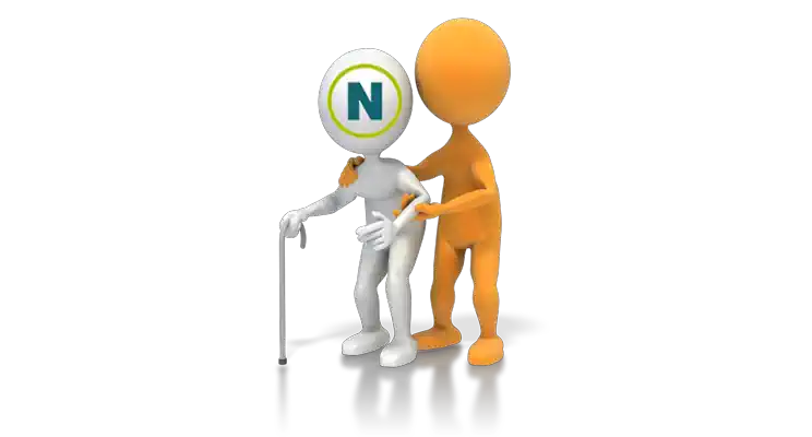 Netezza with walking stick being helped