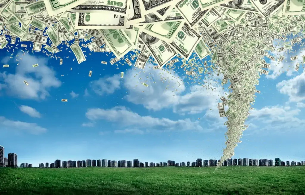 Money being swept upwards in tornado