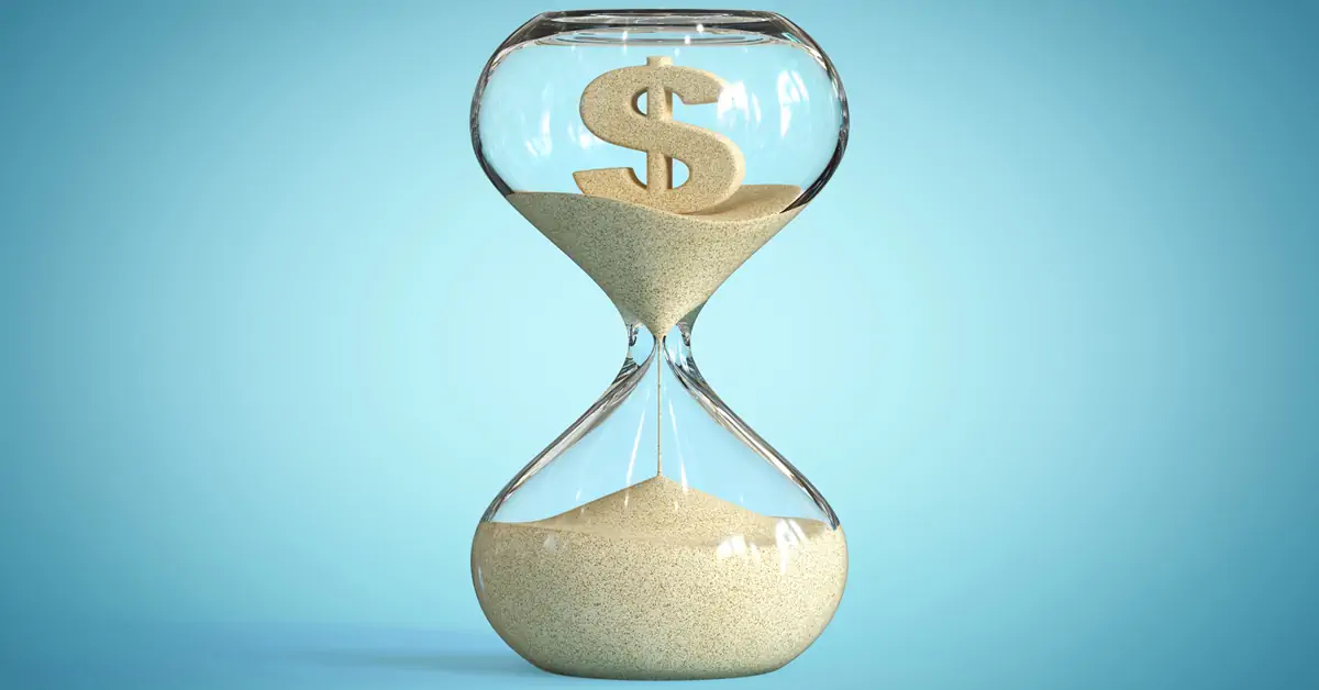 Hourglass with sand and a dollar sign running out, representing DBA time lost to manual work