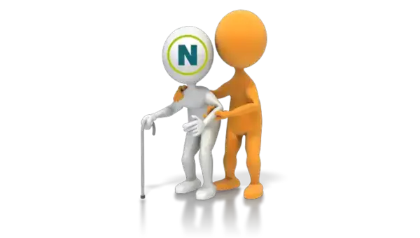 Netezza with walking stick being helped