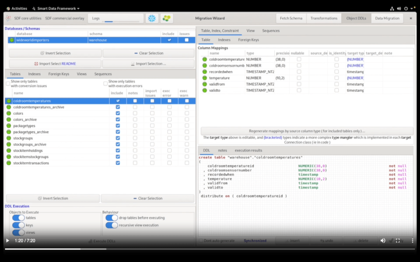 Object DDLs showing column type mappings and generated CREATE TABLE statements
