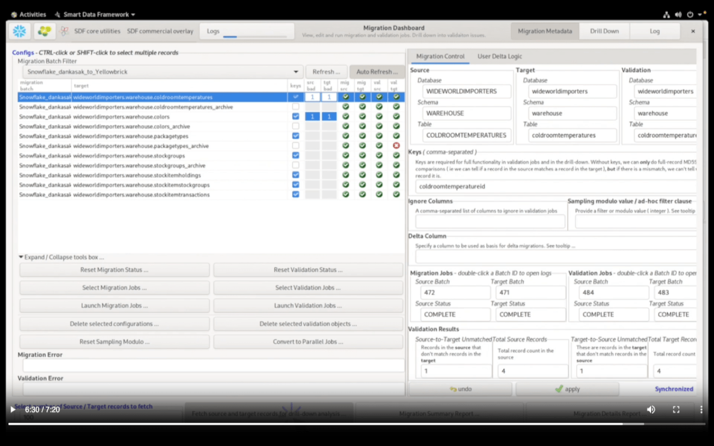Migration Dashboard showing completed jobs with validation and record count reconciliation