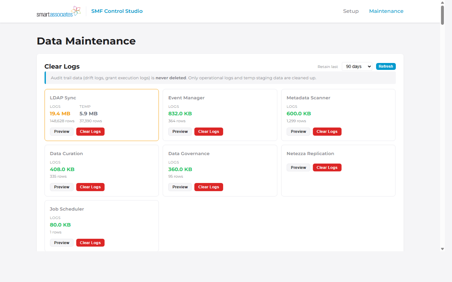Data Maintenance module showing Clear Logs interface with seven management modules